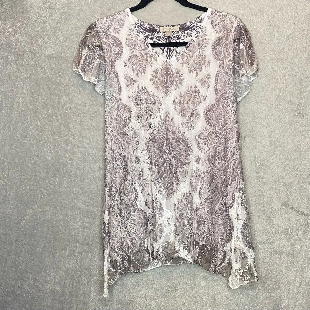 ROZ‎ & Ali M Medium Top Shirt Gray Paisley V Neck Short Sleeve Lace Over P21
